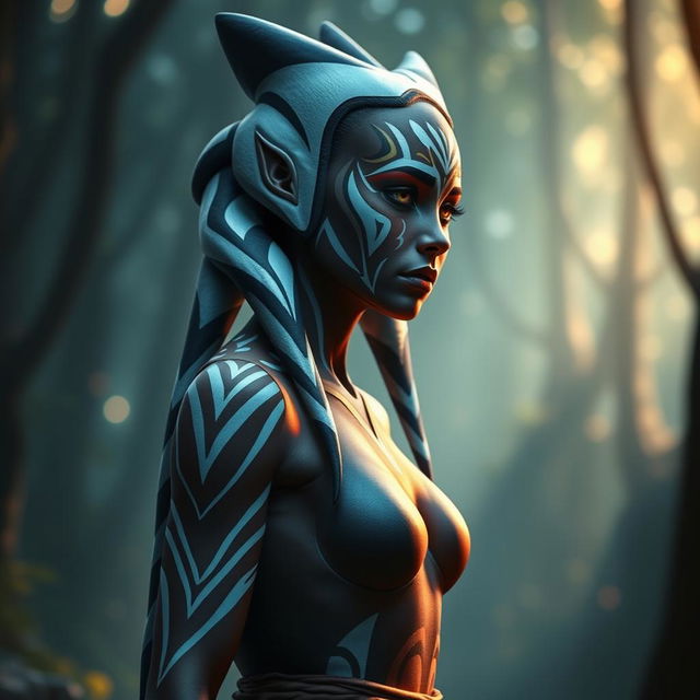 A beautiful Togruta woman with stunning facial markings and head-tails, similar in appearance to Ahsoka