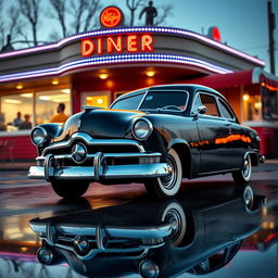 1949 Ford Deluxe exterior, showcasing iconic vintage car design with a shiny, polished jet black body, classic chrome grille, and gleaming whitewall tires