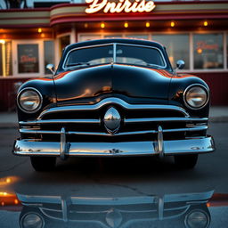 1949 Ford Deluxe exterior, showcasing iconic vintage car design with a shiny, polished jet black body, classic chrome grille, and gleaming whitewall tires