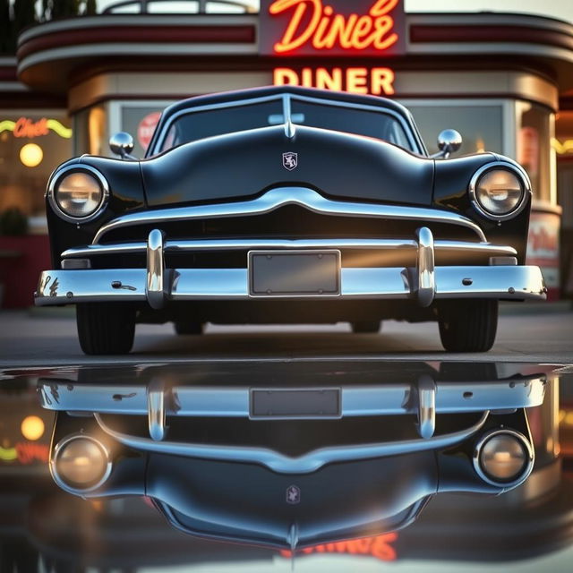 1949 Ford Deluxe exterior, showcasing iconic vintage car design with a shiny, polished jet black body, classic chrome grille, and gleaming whitewall tires