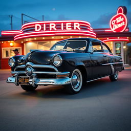 1949 Ford Deluxe exterior, showcasing iconic vintage car design with a shiny, polished jet black body, classic chrome grille, and gleaming whitewall tires