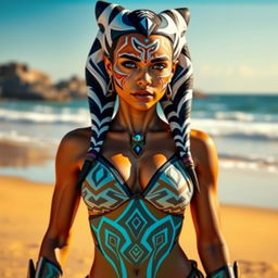 A Togruta woman resembling Ahsoka, wearing a stylish and intricately designed bikini that highlights her athletic build and unique skin tones