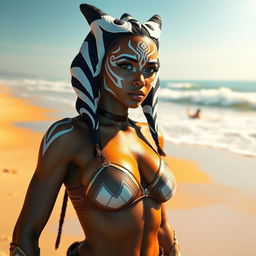 A Togruta woman resembling Ahsoka, wearing a stylish and intricately designed bikini that highlights her athletic build and unique skin tones