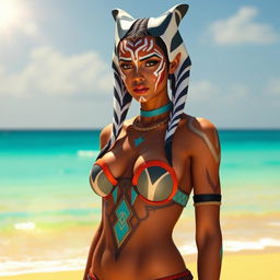 A Togruta woman resembling Ahsoka, wearing a stylish and intricately designed bikini that highlights her athletic build and unique skin tones