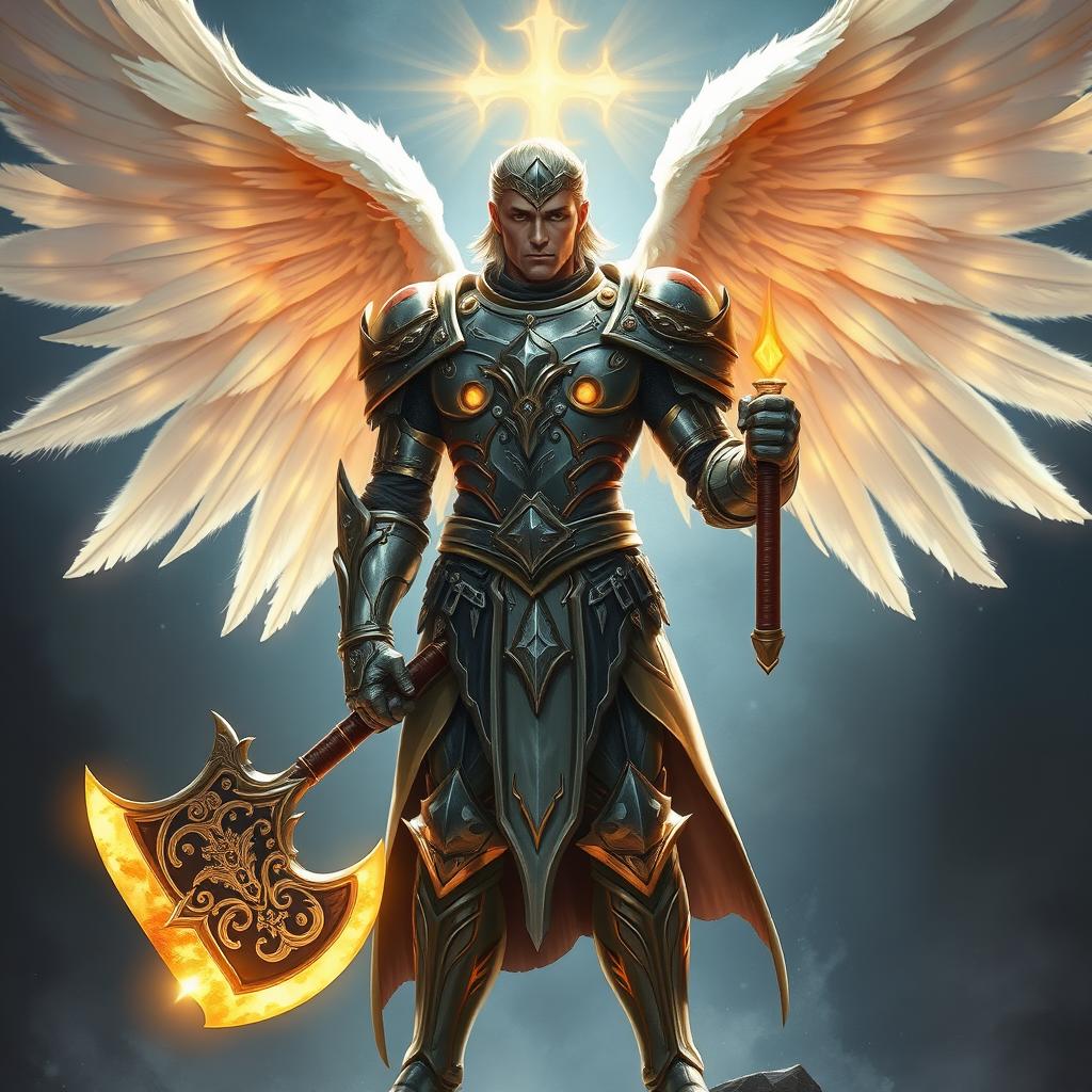 a celestial warrior character from Dungeons & Dragons, standing with a majestic posture, wearing shimmering armor that glows with a heavenly light