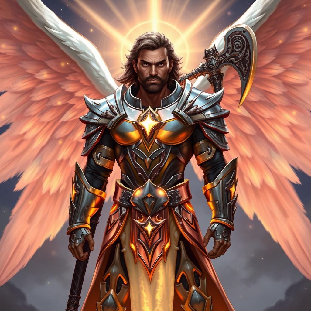 a celestial warrior character from Dungeons & Dragons, standing with a majestic posture, wearing shimmering armor that glows with a heavenly light