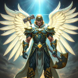 a celestial warrior character from Dungeons & Dragons, standing with a majestic posture, wearing shimmering armor that glows with a heavenly light