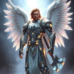 a celestial warrior character from Dungeons & Dragons, standing with a majestic posture, wearing shimmering armor that glows with a heavenly light