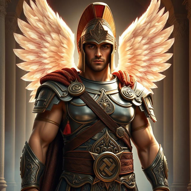 A 27-year-old Spartan warrior with angelic qualities, but without wings, exuding a celestial presence and a commanding aura