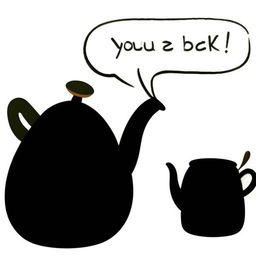 In the style of a Disney animation, depict a talking pot with a speech bubble, humorously declaring 'you're black' to a shiny black kettle.