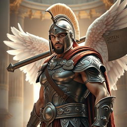 A 27-year-old Spartan warrior with angelic qualities, but without wings, exuding a celestial presence and a commanding aura