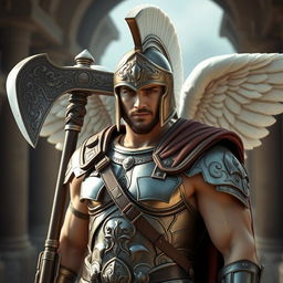 A 27-year-old Spartan warrior with angelic qualities, but without wings, exuding a celestial presence and a commanding aura