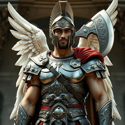 A 27-year-old Spartan warrior with angelic qualities, but without wings, exuding a celestial presence and a commanding aura