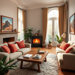 A cozy and inviting living room featuring a plush sofa with vibrant, decorative cushions