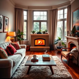 A cozy and inviting living room featuring a plush sofa with vibrant, decorative cushions