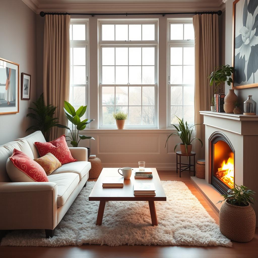 A cozy and inviting living room featuring a plush sofa with vibrant, decorative cushions