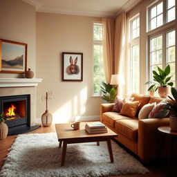 A cozy and inviting living room featuring a plush sofa with vibrant, decorative cushions