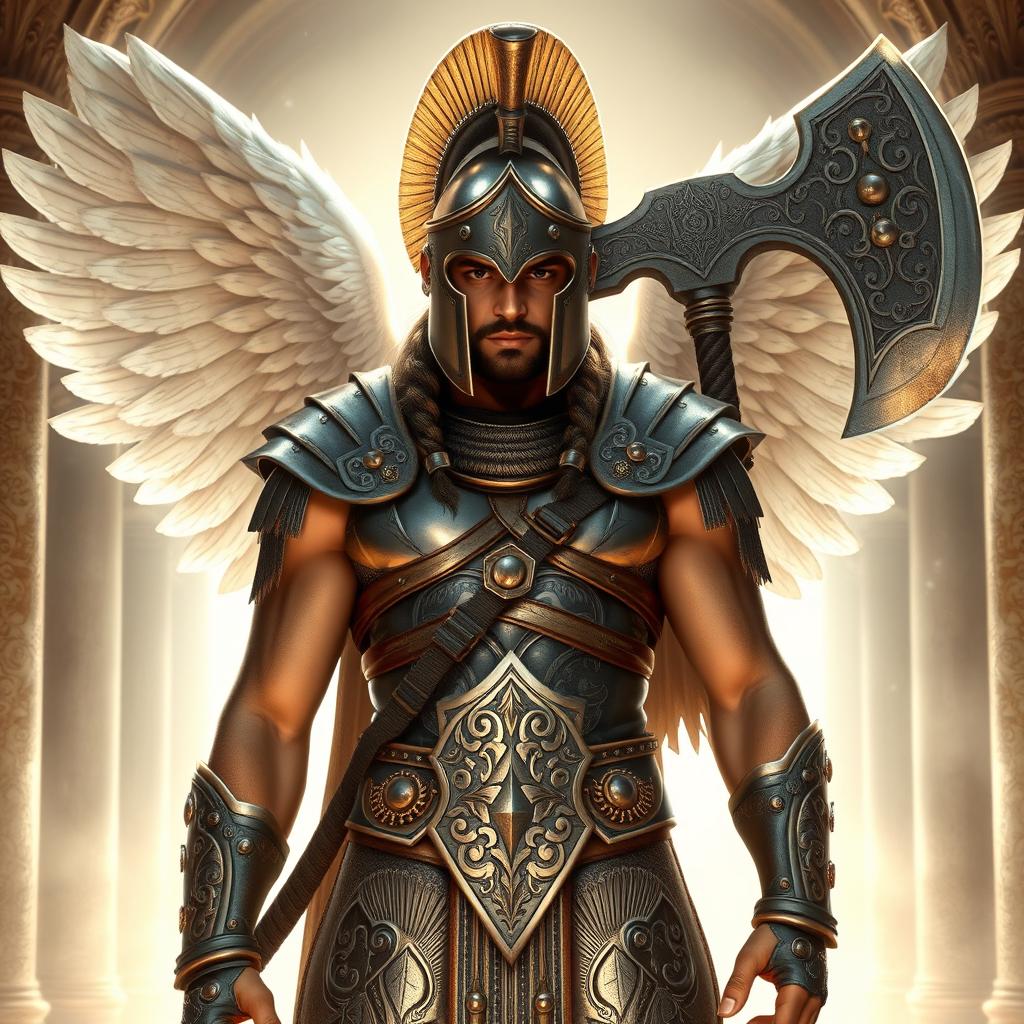 A 27-year-old Spartan warrior with angelic qualities, exuding a celestial presence and a commanding aura, without wings