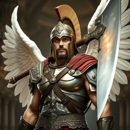 A 27-year-old Spartan warrior with angelic qualities, exuding a celestial presence and a commanding aura, without wings