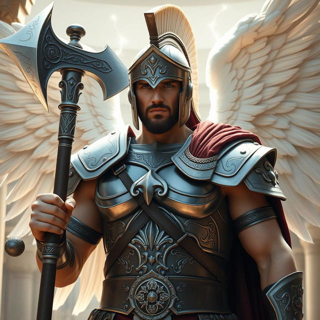 A 27-year-old Spartan warrior with angelic qualities, exuding a celestial presence and a commanding aura, without wings