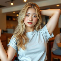 A Korean medium size woman with blonde hair, posing confidently