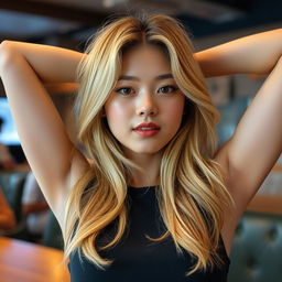 A Korean medium size woman with blonde hair, posing confidently