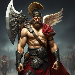 A hybrid celestial and Spartan soldier depicted without a beard and without wings