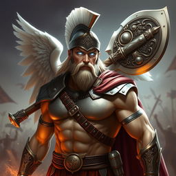 A hybrid celestial and Spartan soldier depicted without a beard and without wings