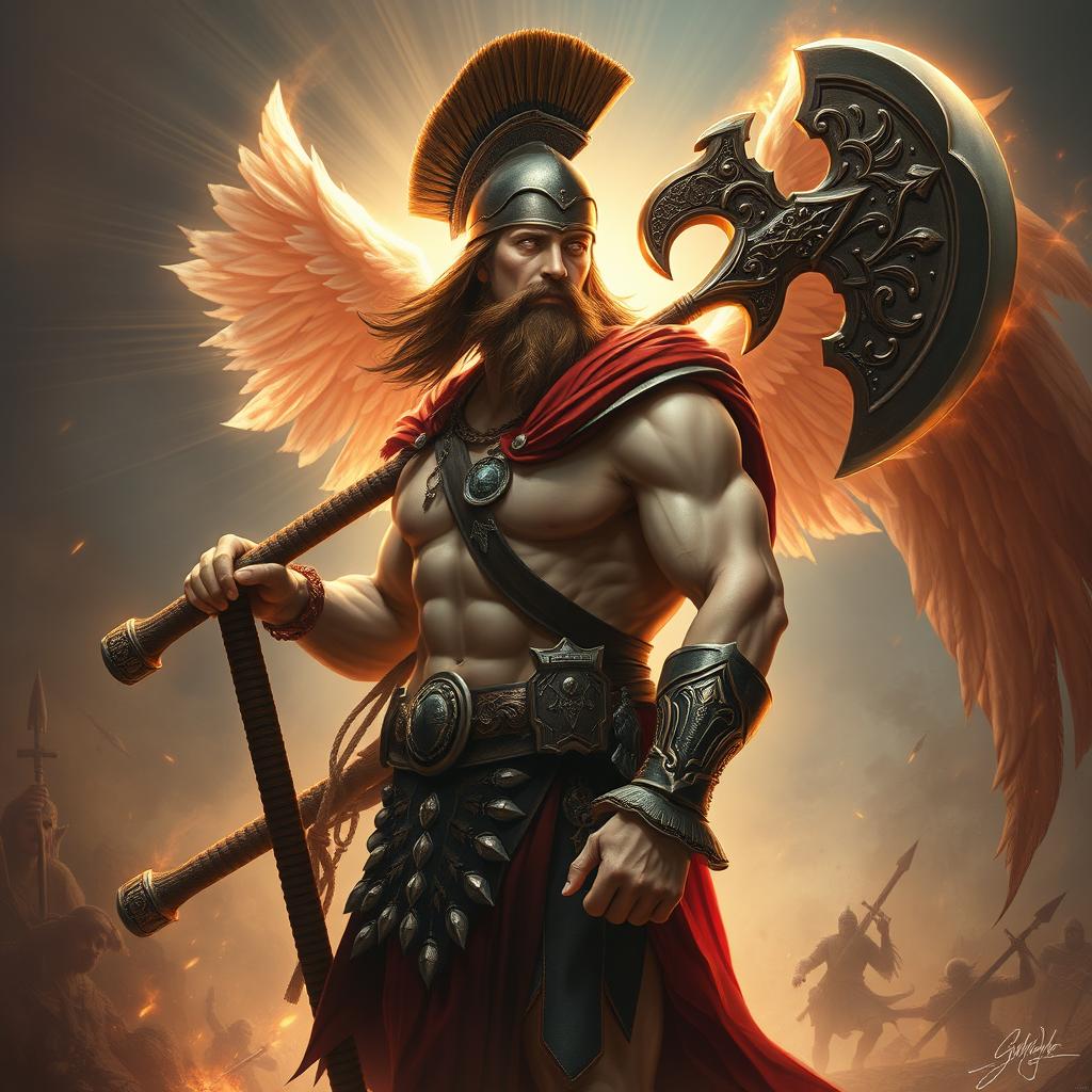 A hybrid celestial and Spartan soldier depicted without a beard and without wings