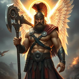 A hybrid celestial and Spartan soldier depicted without a beard and without wings