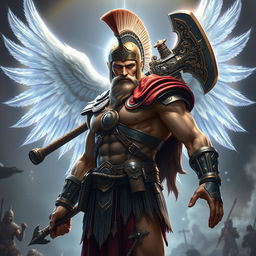 A hybrid celestial and Spartan soldier depicted without a beard and without wings