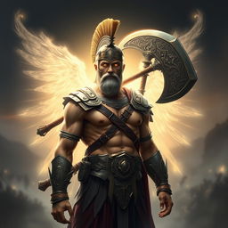 A hybrid celestial and Spartan soldier depicted without a beard