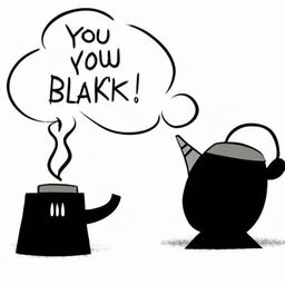 In the style of a Disney animation, depict a talking pot with a speech bubble, humorously declaring 'you're black' to a shiny black kettle.