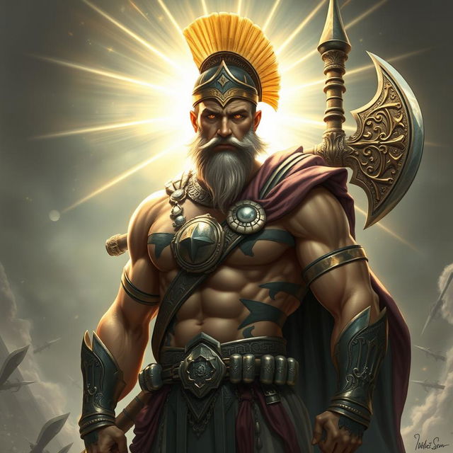 A hybrid celestial and Spartan soldier depicted without a beard