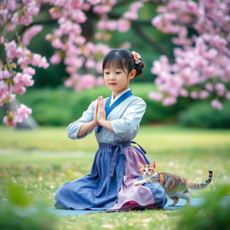 Korean girl doing yoga with a kitten playfully stretching nearby, wearing a traditional Hanbok, serene garden setting, vibrant cherry blossoms, calming atmosphere, soft diffused light