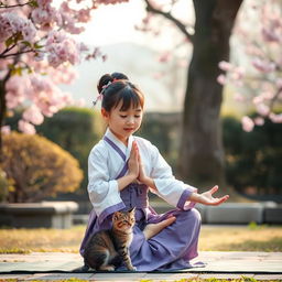 Korean girl doing yoga with a kitten playfully stretching nearby, wearing a traditional Hanbok, serene garden setting, vibrant cherry blossoms, calming atmosphere, soft diffused light