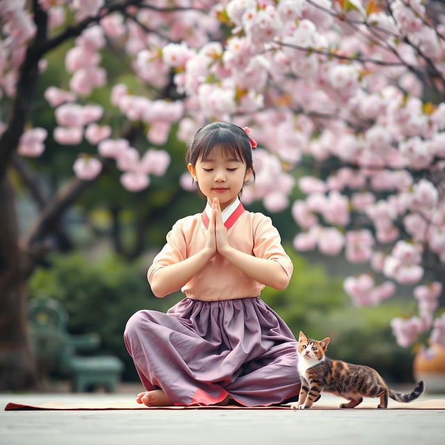 Korean girl doing yoga with a kitten playfully stretching nearby, wearing a traditional Hanbok, serene garden setting, vibrant cherry blossoms, calming atmosphere, soft diffused light