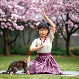 Korean girl doing yoga with a kitten playfully stretching nearby, wearing a traditional Hanbok, serene garden setting, vibrant cherry blossoms, calming atmosphere, soft diffused light