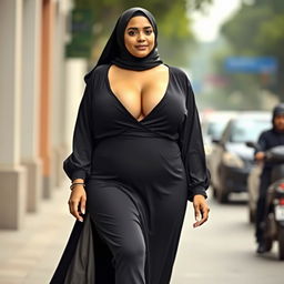 A confident woman with voluptuous curves, featuring large breasts and a full-figured behind