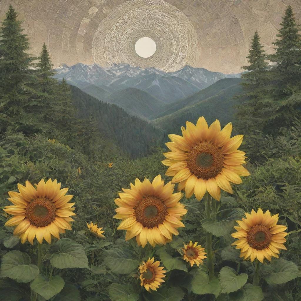 A surreal amalgam of nature and mathematics, with Fibonacci spirals in sunflowers, fractal patterns in ferns, and geometric shapes manifesting in mountain ranges.