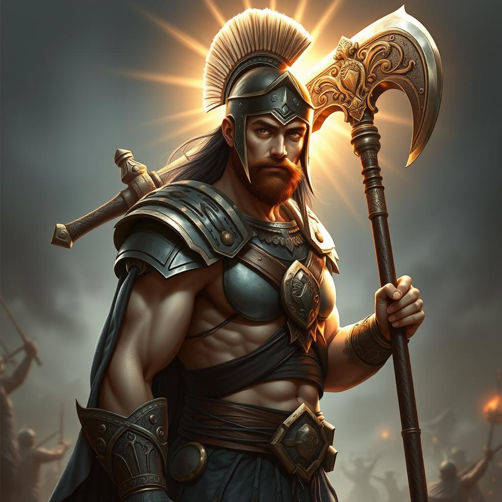 A hybrid celestial and Spartan soldier depicted without a beard, showcasing a youthful face