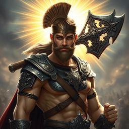 A hybrid celestial and Spartan soldier depicted without a beard, showcasing a youthful face