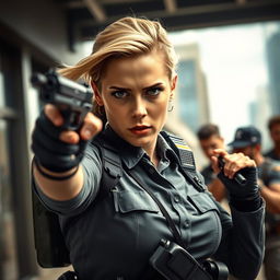 A dynamic and intense scene featuring a police officer inspired by Margot Robbie, in mid-action holding a pistol