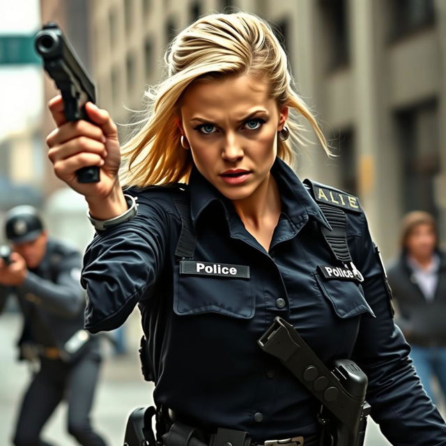 A dynamic and intense scene featuring a police officer inspired by Margot Robbie, in mid-action holding a pistol