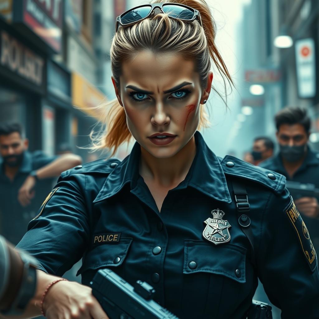 A scene depicting a female police officer with striking features similar to Margot Robbie, wearing a tactical police uniform