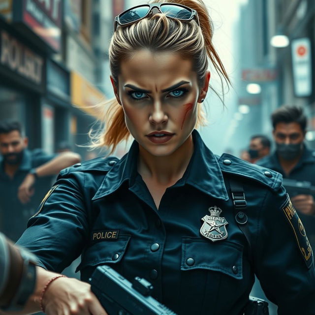 A scene depicting a female police officer with striking features similar to Margot Robbie, wearing a tactical police uniform