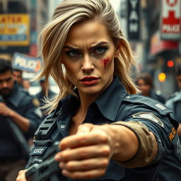 A scene depicting a female police officer with striking features similar to Margot Robbie, wearing a tactical police uniform