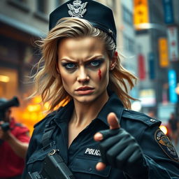 A scene depicting a female police officer with striking features similar to Margot Robbie, wearing a tactical police uniform