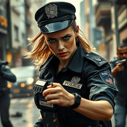 A scene depicting a female police officer with striking features similar to Margot Robbie, wearing a tactical police uniform