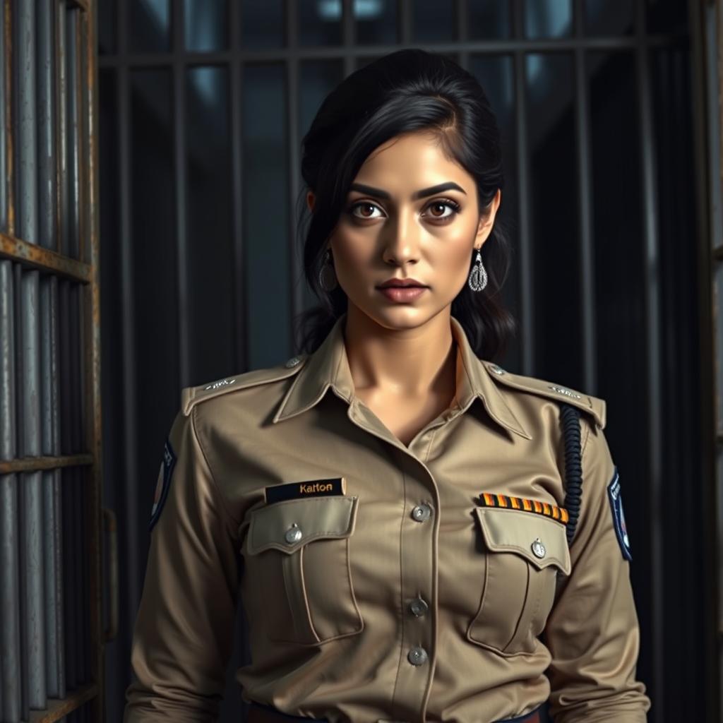 A scene showcasing a female police officer with distinct features reminiscent of Kangana Ranaut, dressed in a sharp police uniform